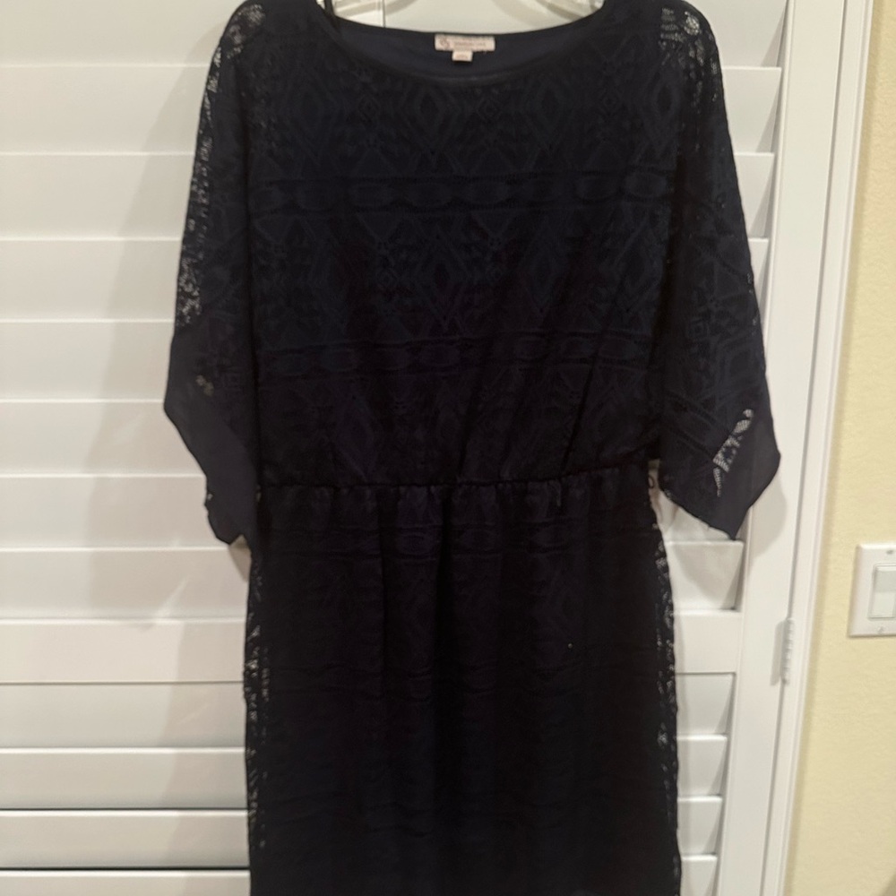 Dark Blue Cocktail Dress with 3/4 Sleeves and Scoop Neck